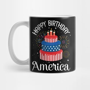 Big US Flag Birthday Cake And Fireworks Happy Birthday America Independence July 4th Day Mug